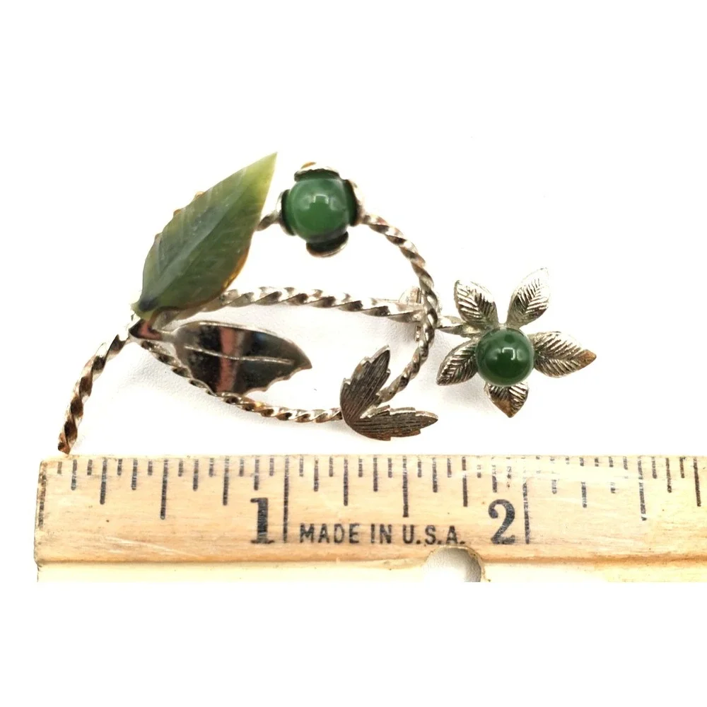 Vintage Green Stones Silver Tone Floral Spray Brooch Pin
